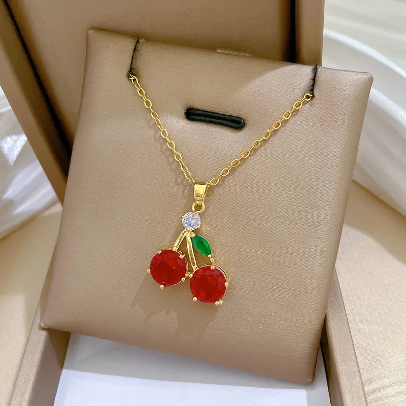 DIEYURO 316L Stainless Steel Red Zircon Fruit Cherry Pendant Necklace For Women New Trend Fashion Collarbone Chain Jewelry Gift