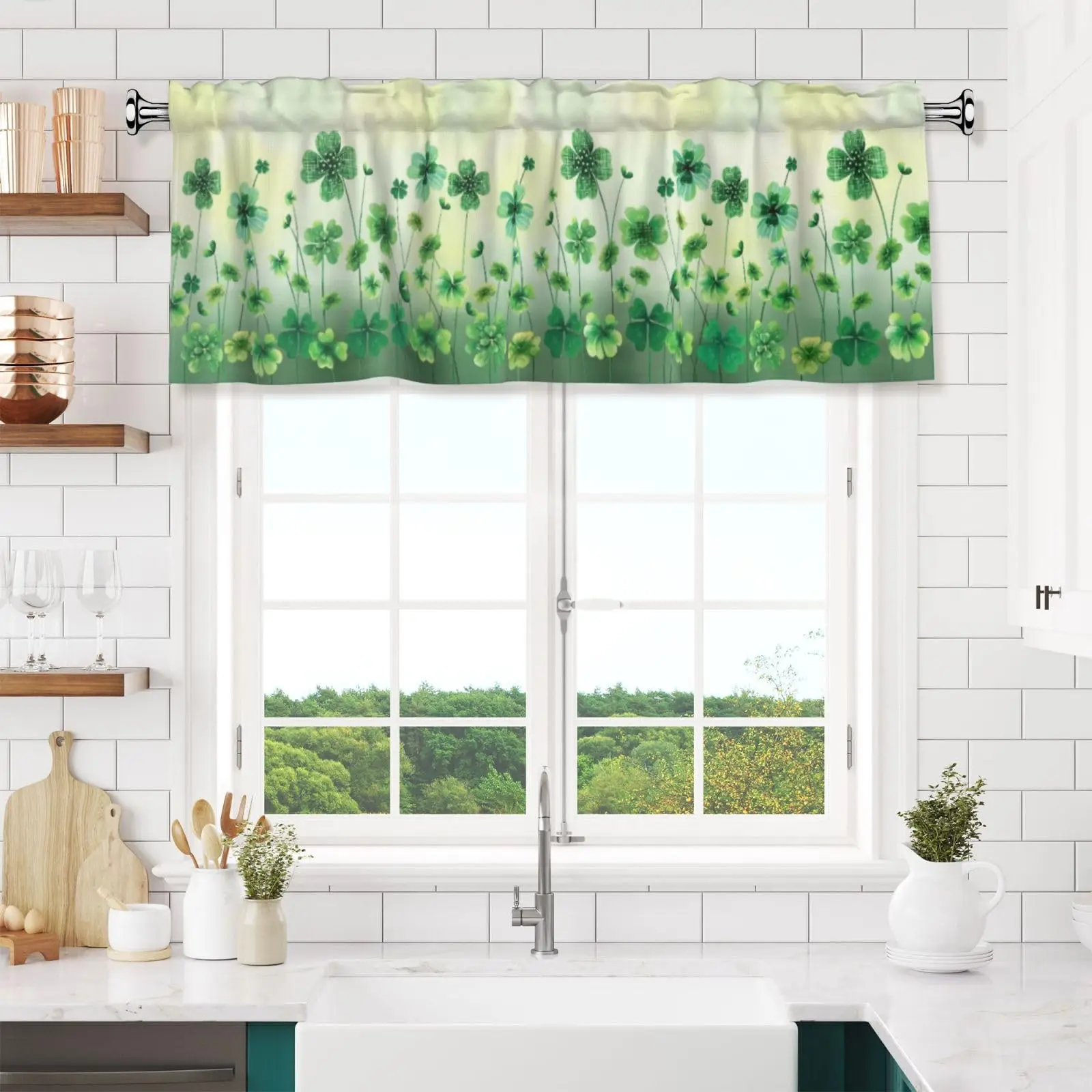 St Patrick's Day Green Shamrock Window Valance Four‑Leaf Clover Short Curtain For Holiday Home Window Decor