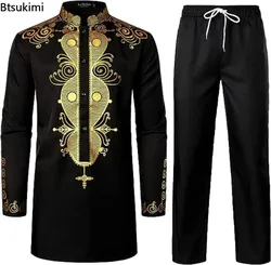 2026 African Men's Casual Printed Two Pieces Fashion Stand Collar Gold Stamping Top and Pants Sets Men Ethnic Style Muslim Suits