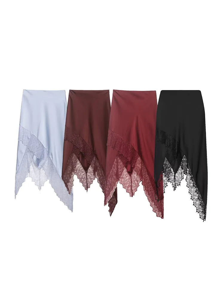 HH Summer Elegant Satin Lace Packwork Asymmetric Midi Skirt 2026 Female High Street Temperament Casual Side Zipper Skirt