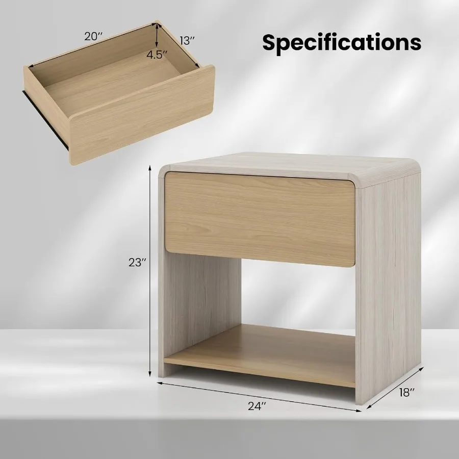 Mesita de noche moderna con cajón, juego de 2 mesitas de noche de madera con estante abierto de almacenamiento, mesa auxiliar decorativa para espacios pequeños, diseño curvo