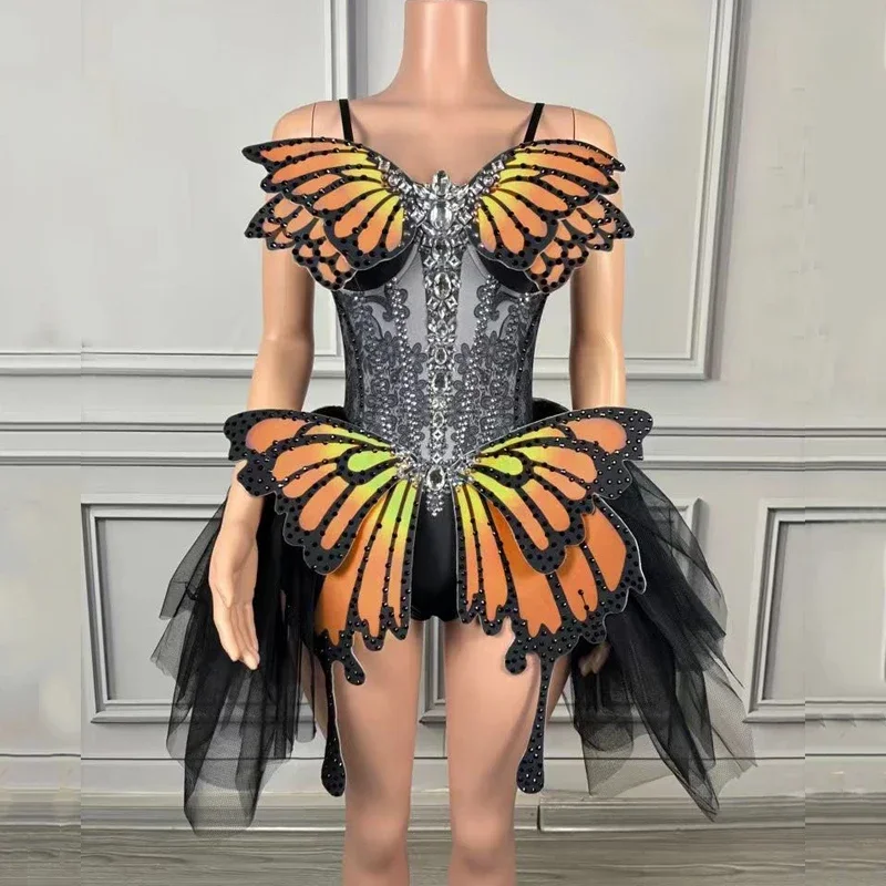 Strass Vlinder Bodysuit Vrouwen Party Gogo Danser Kostuums Festival Outfit Dj Ds Stage Jazz Dans Jurken
