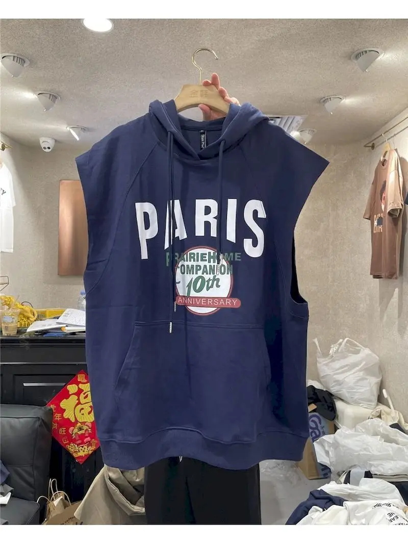 Oversized Hooded Waistcoat Women Korean Style Pocket Design Letter Print Vest Fashion Sleeveless Hoodie Summer Trend Loose Vests