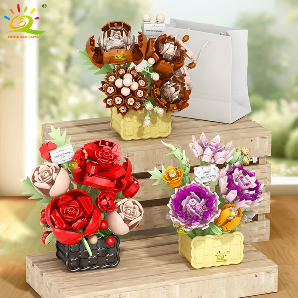 HUIQIBAO MOC Mini Blume mit Vase Modell Micro Baustein Ewiger Blumenstrauß Home Schreibtisch Schreibtisch Pflanze Dekor Ziegel Mädchen Kinder Spielzeug – Detail 3