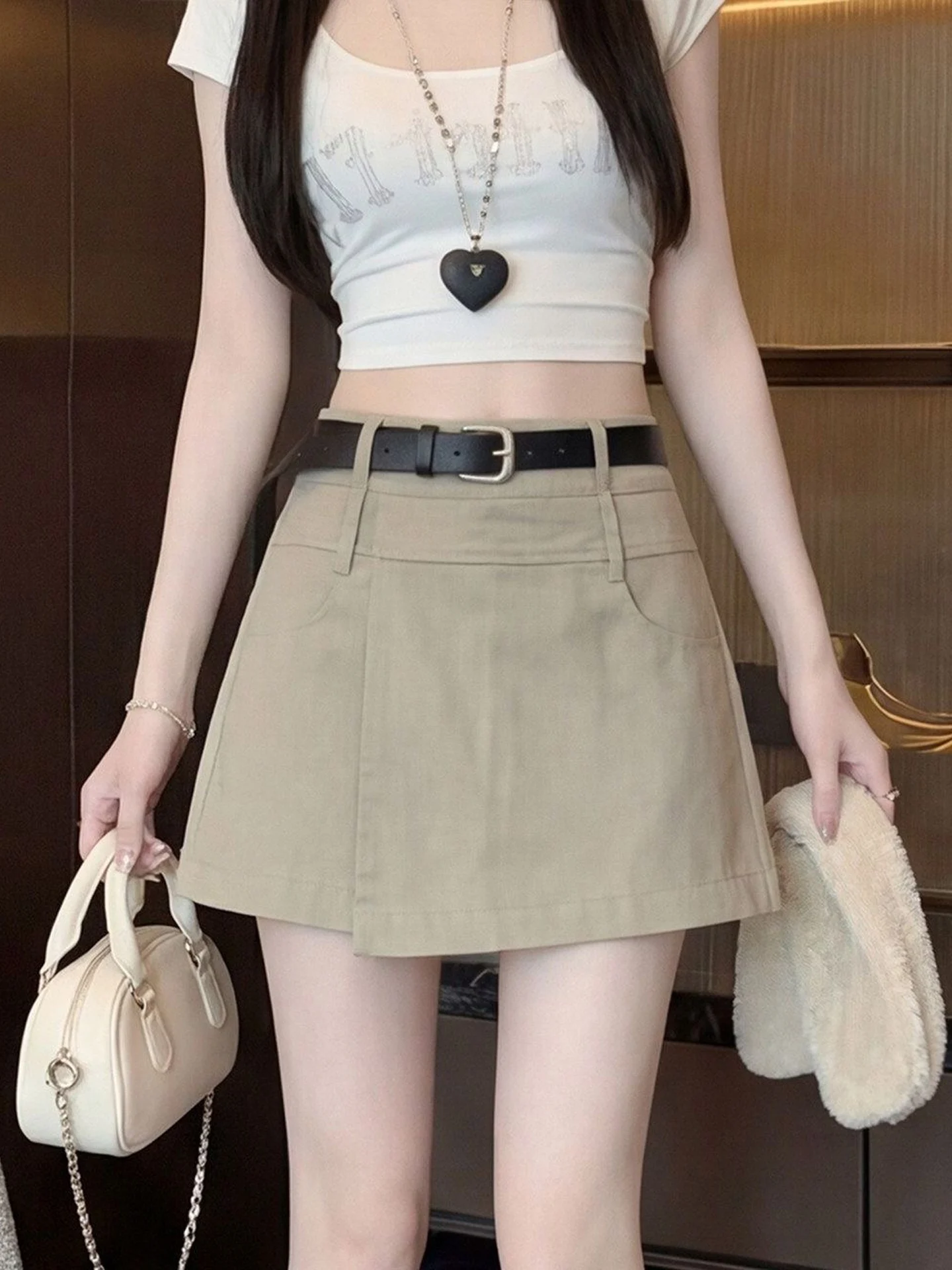 White High Waist Slim Fit Asymmetrical Short Skirt Pants Women's Autumn Design A-Line Half-length Skirts Casual Vintage Style