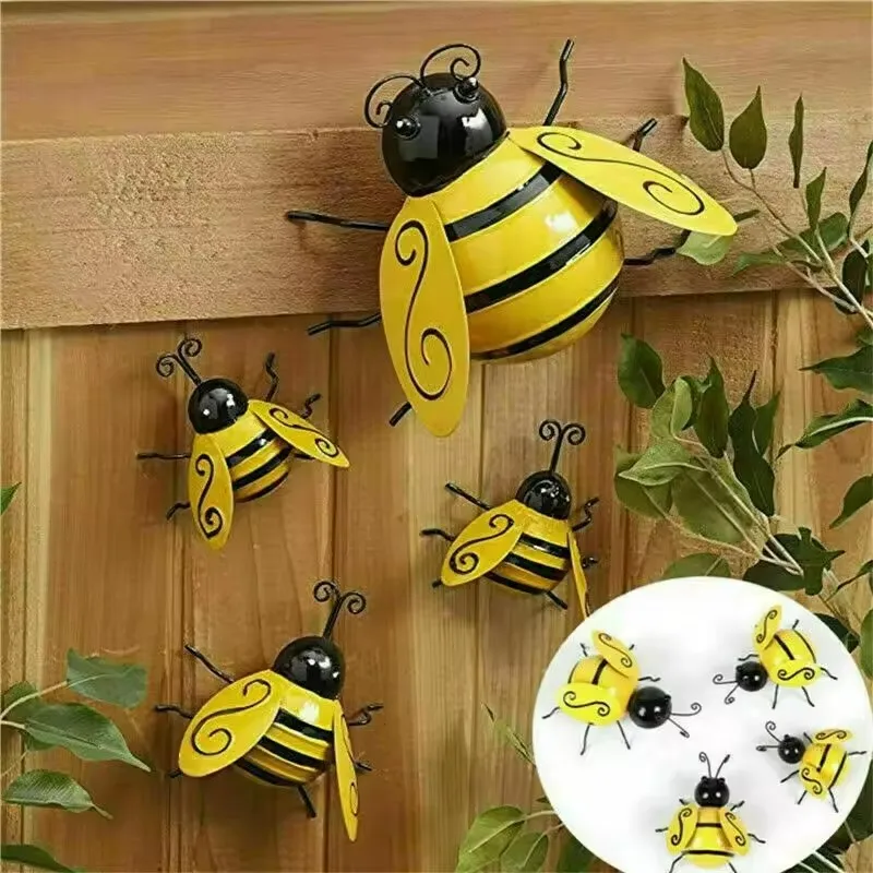 4 pçs bumble bee metal arte conjunto decorativo jardim cartaz cerca fora acento ornamento de parede quintal decoração rústico estilo country