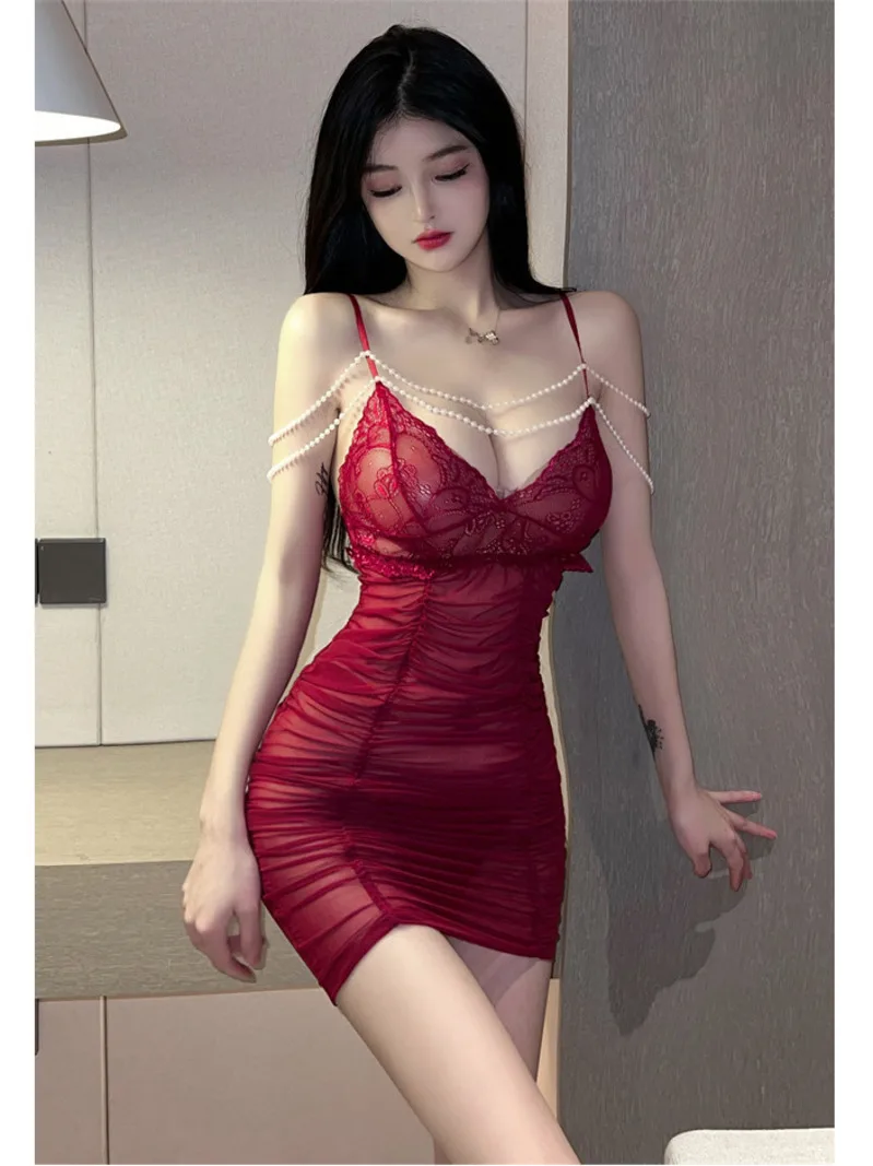 

2023 Summer Women's Sexy Temptation Hollow out Pearl Chain Flirting backless Pleated Gauze Transparent Wrap buttocks Dress 4KLN