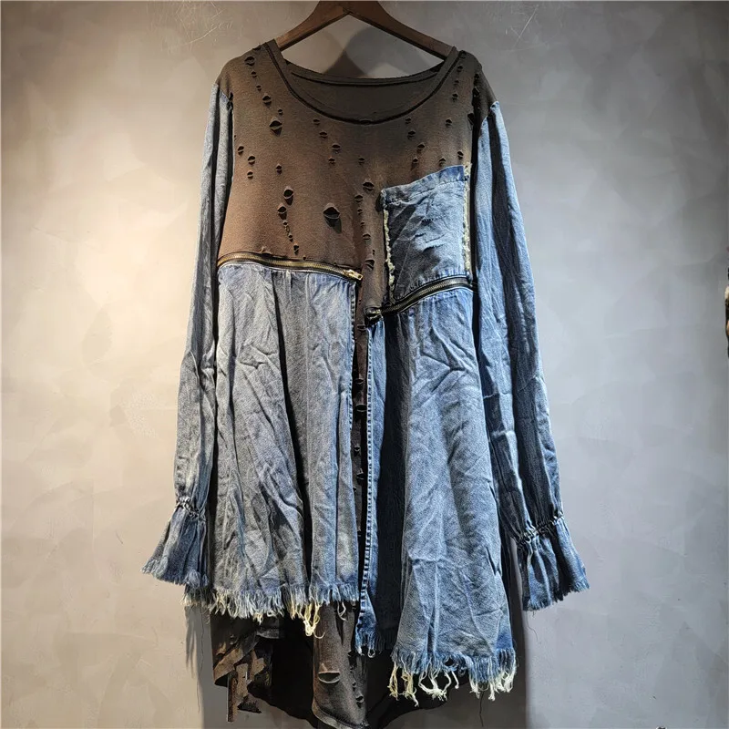 WTHT Fashion 2025 Autumn Women's Hole Irregular Spliced Contrast Color T-shirts Vintage Casual Long Sleeves Tops Female 1LS2384