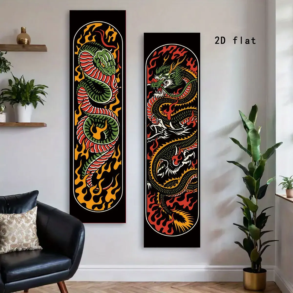 1 Stück 2D Flache Drachen- & Schlangen-Wandteppich Vertikaler Wandbehang Traditioneller Tattoo-Stil Feuer-Muster Dekoration für Schlafzimmer Wohnzimmer