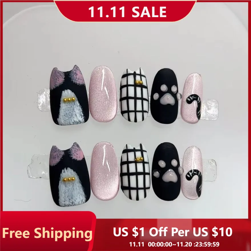 

10pcs Handmade Press on Nails Cute Cartoon Kittens Full Coverage Nail Tips for Women&Girls Short Detachable Wearable False Nail