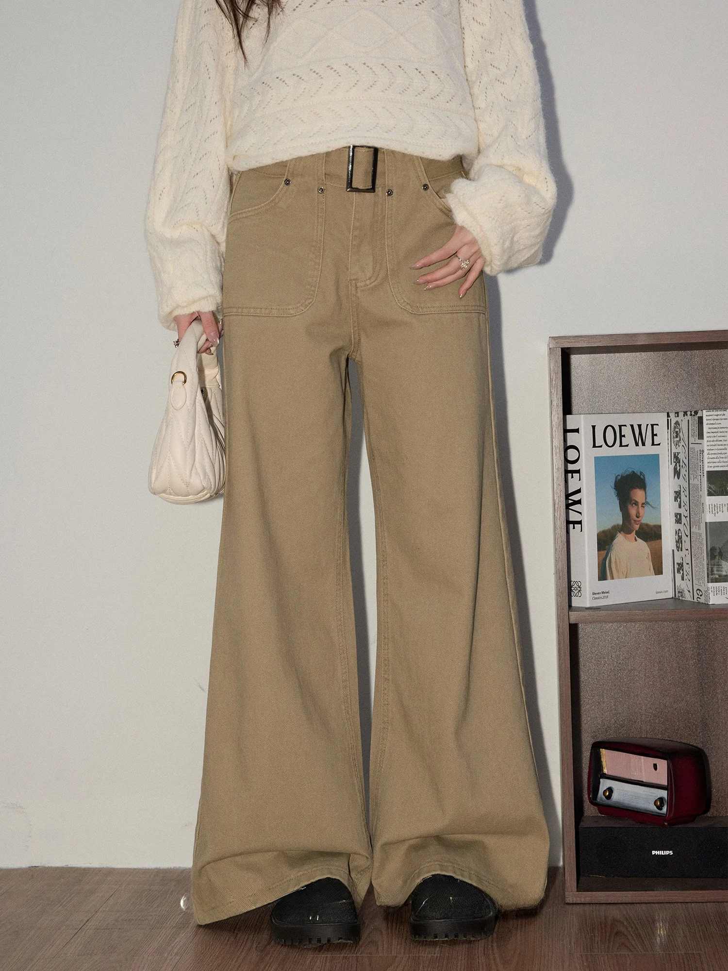 

Женские брюки с высокой талией и широкими штанинами, весенние, свободные, струящиеся, прямые, повседневные, длинные, цвета хаки, с американской застежкой на пуговицах