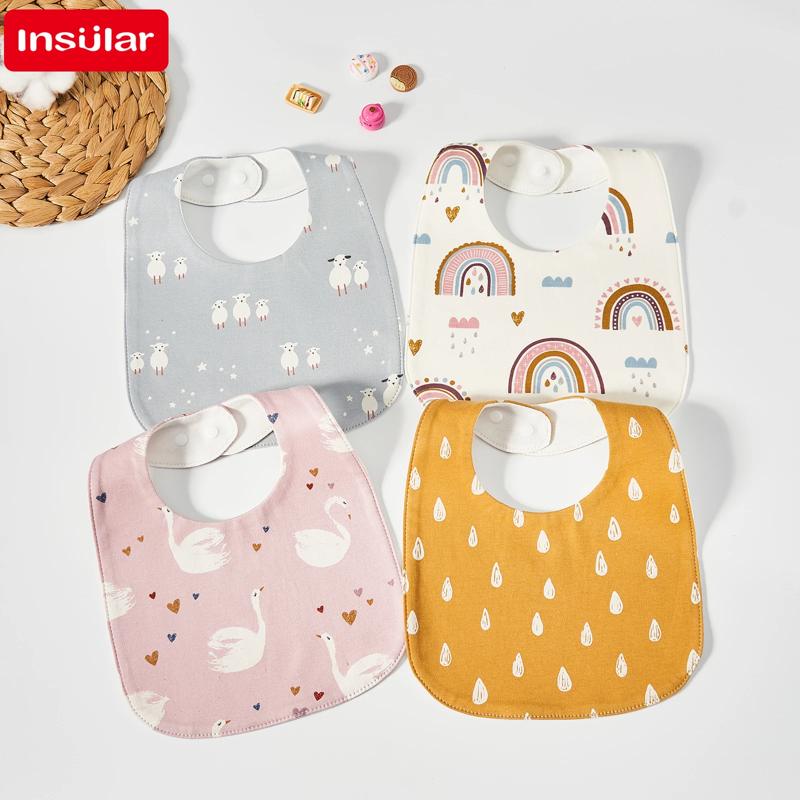 

100% Cotton Gauze Baby Bibs, Super Absorbent Reusable Saliva Towel, Soft Cartoon Print Adjustable Neck Design Baby Feeding Bibs