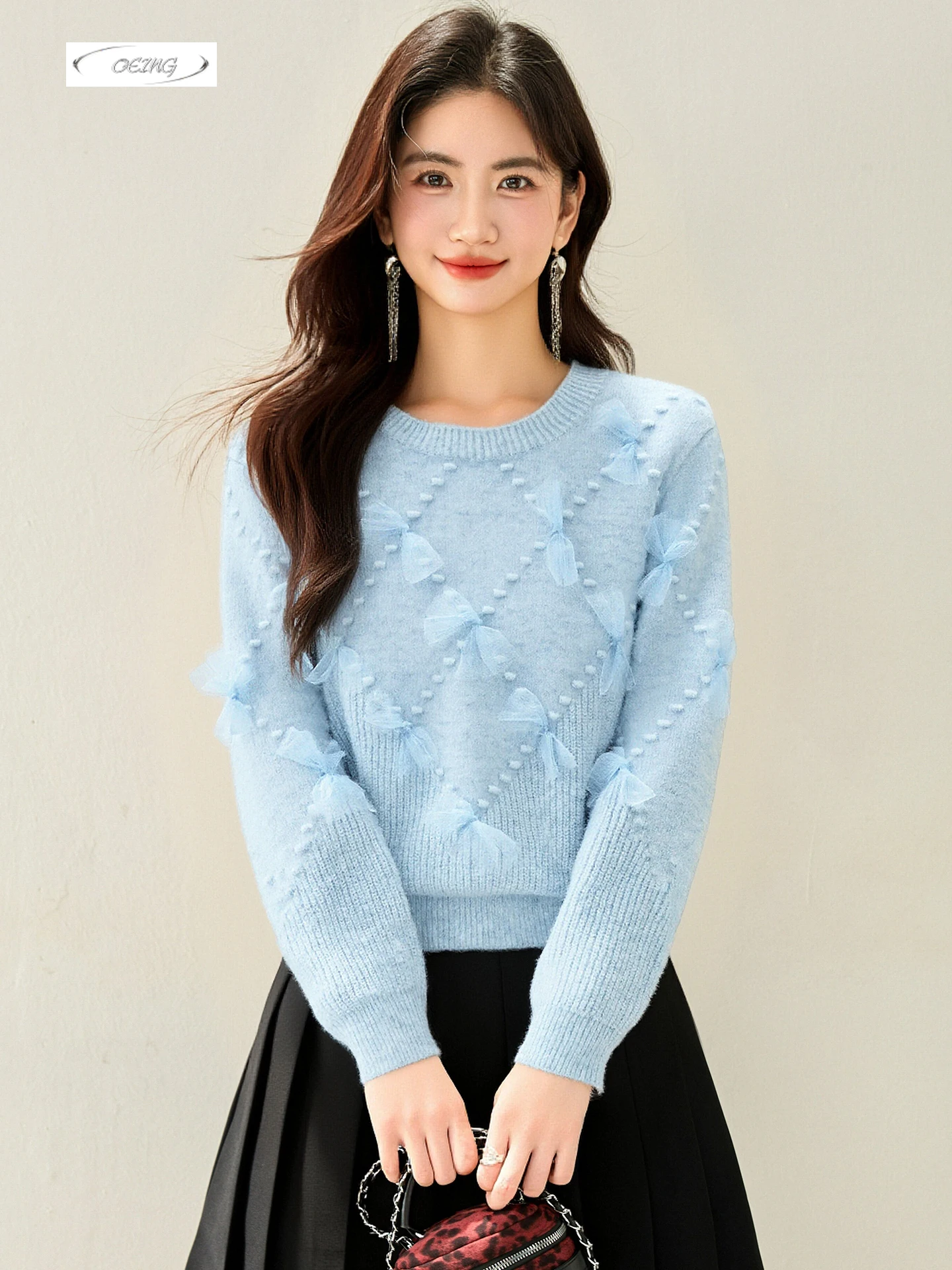 Maglione pullover lavorato a maglia blu a maniche lunghe con scollo a O con fiocco per donna Autunno Inverno Elegante stile coreano Top larghi e caldi Maglieria 9680