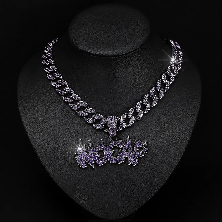 NL2119 Purple NOCAP Cuban Chain Jewelry Alloy and Rhinestone Hip Hop Flame Letter Pendant Necklace Rock Jewelry