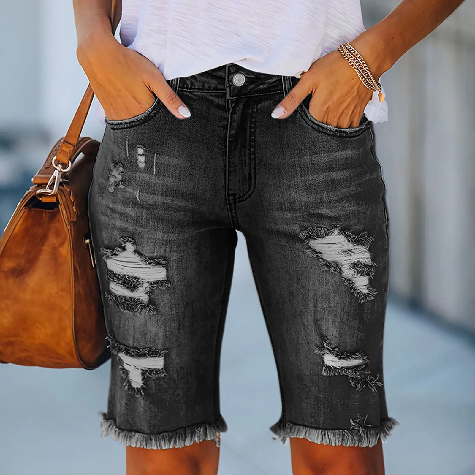 

New 2024 Cycling Denim Shorts Women Fashion Ripped Tassel Tight Five-Point Shorts Slim Fit Sexy Female Summer Thin Short Jeans