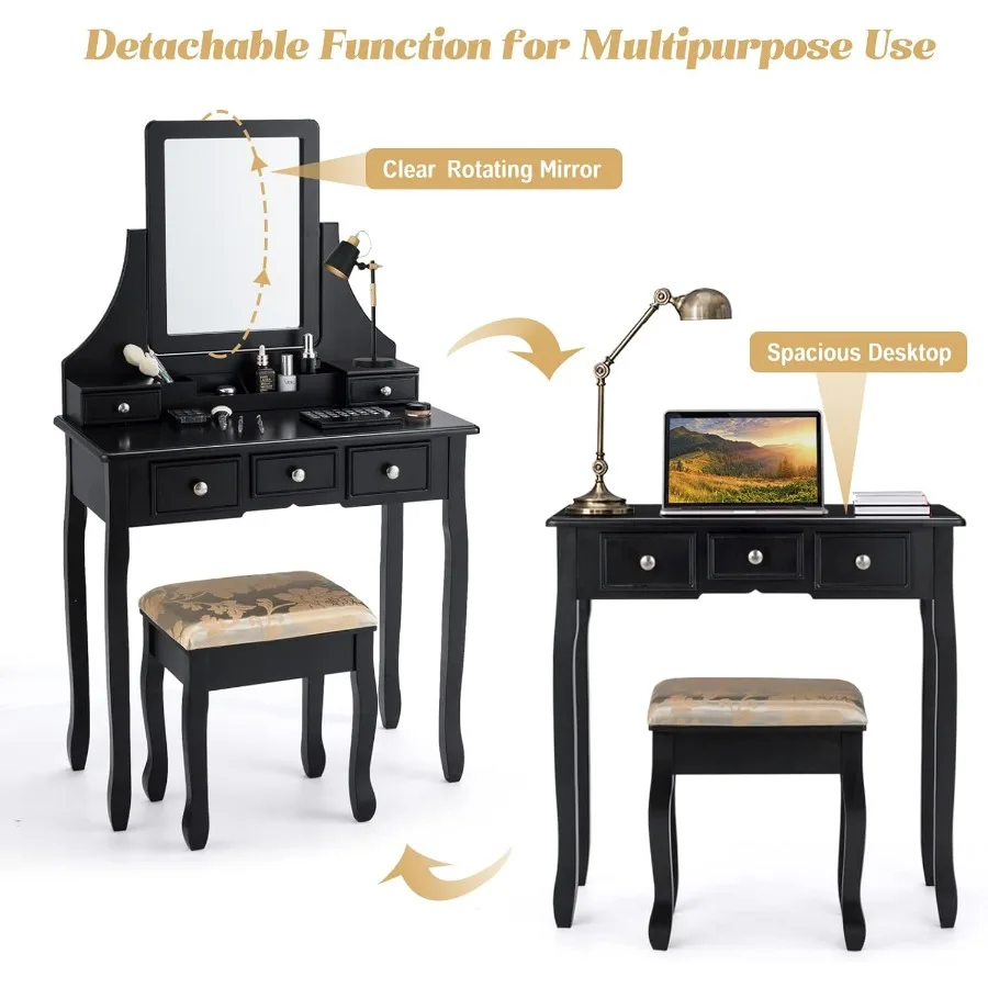 COSTWAY Juego de tocador con espejo y taburete acolchado con 5 cajones de almacenamiento, elegante tocador de maquillaje para dormitorio U