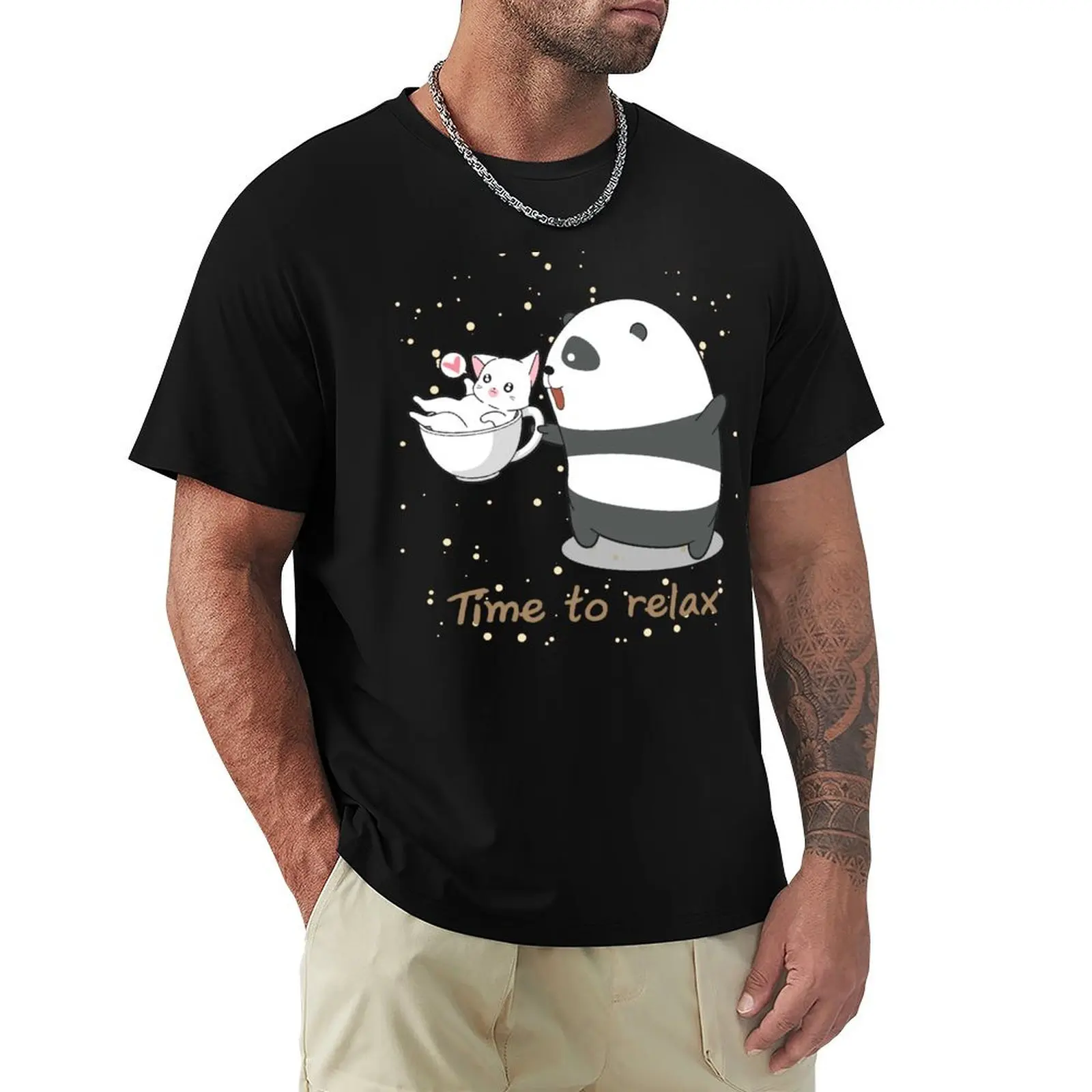 Time to relax and love Panda and cat in coffee cup T-Shirt Plus Size Summer Casual T-Shirt