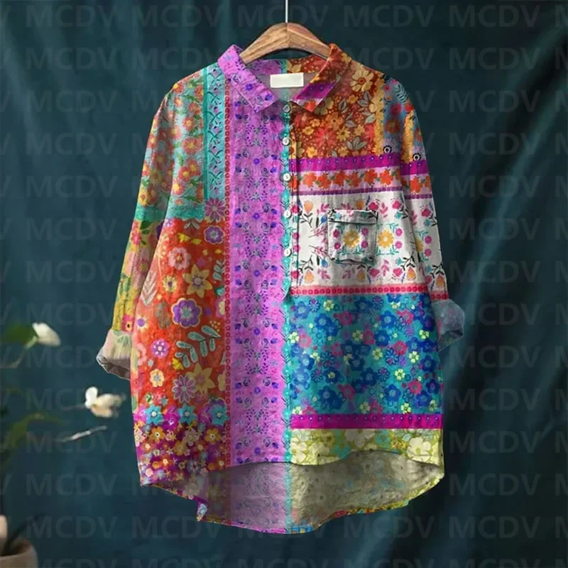 Women's Vintage Patchwork Floral Print Casual Lapel Loose Blouse