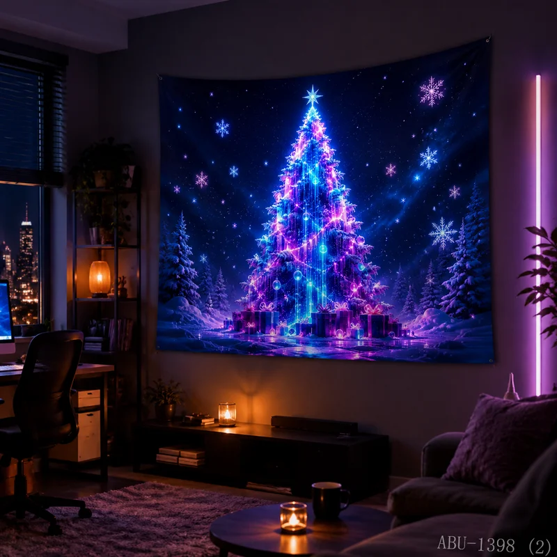 VIKAMA Blue Purple Flowing Light Ice Crystal Christmas Tree Christmas Tapestry Background Hanging Cloth Living Room Room Decor