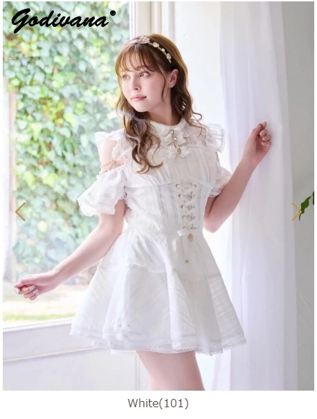 اليابانية الجديدة ليز الصيف المرأة الحلو خارج الكتف فستان الأورجانزا والسراويل 2 قطعة مجموعة الفتيات لوليتا وتتسابق