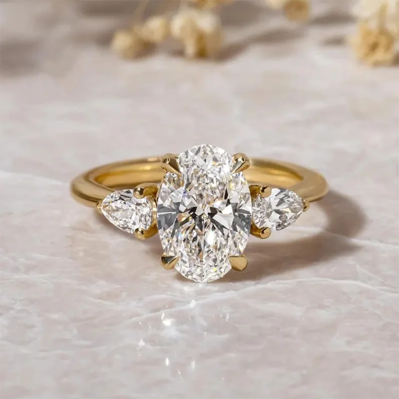 

2Ct EF/VS Oval & Pear Cut CVD HPHT Lab Grown Diamond Three Stone Engagement Ring IGI Certified 14K Gold Proposal Ring