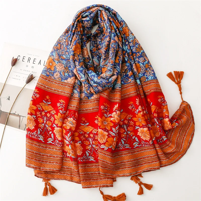 

2023 New Women Cotton Flower Pattern Tassel Shawls Long Beach Floral Print Head Wrap Hijab Free Shipping