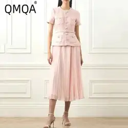 QMQA Fashion Women's Elegant 2 Pcs Set O Neck Short Sleeve Sequins Tweed Belt Coat High Waist Pleated Skirts Sets 2024 New 1A115