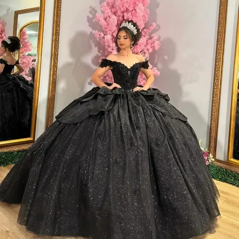 ANGELSBRIDEP Sparkle Black Quinceanera Dresses Bow Back Crystal Lace Off-Shoulder Vestidos De 15 Anos Birthday Party Customized