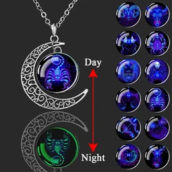 Luminous 12 Constellations Zodiac Signs Necklaces Crescent Moon Pendant Chains Necklace for Women and Men Birthday Jewelry Gifts