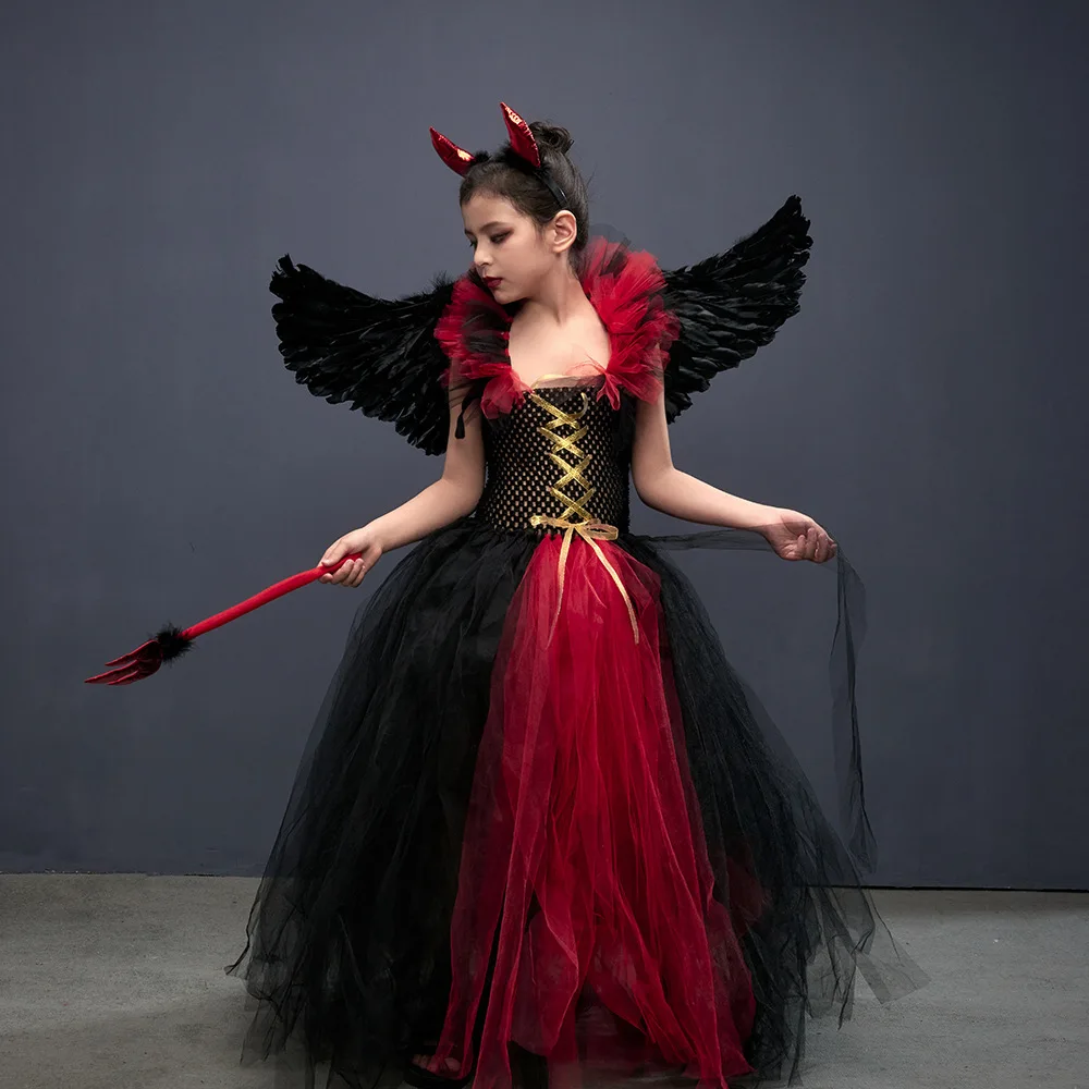 Cosplay Vampire Dress for Kids Halloween Costumes Role Witch Dress Gothic Devil Princess Queen Skirt Girl Wings Headband Wand