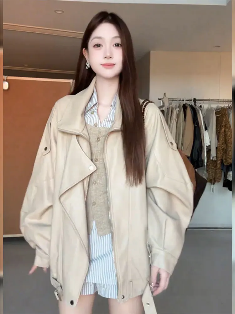 

Retro Korean Sle Women's PU Leather Jaet Autumn Winter Cool Unique Loose Motorcycle Jaet Trendy Long Sve Zipper Closure