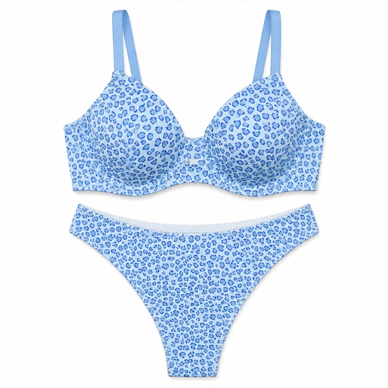 Women Light Leopard Print Lingerie Set Underwire Thin Cup Bra Matching Low Rise Thong Soft Daily Intimates