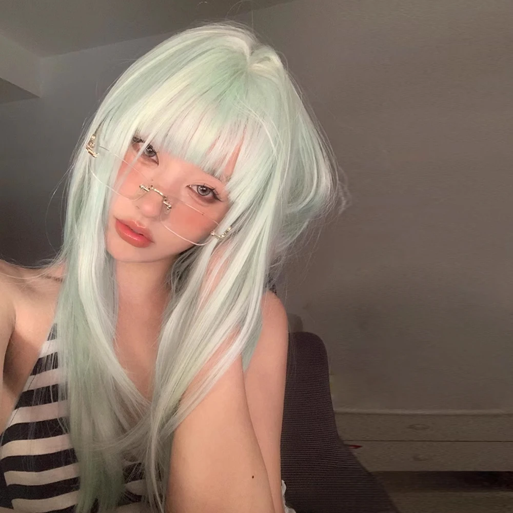 المرأة الاصطناعية النعناع الأخضر طويل مستقيم شعر مستعار رقيق لوليتا تأثيري شعر مستعار مقاوم للحرارة مع الانفجارات للحزب اليومي