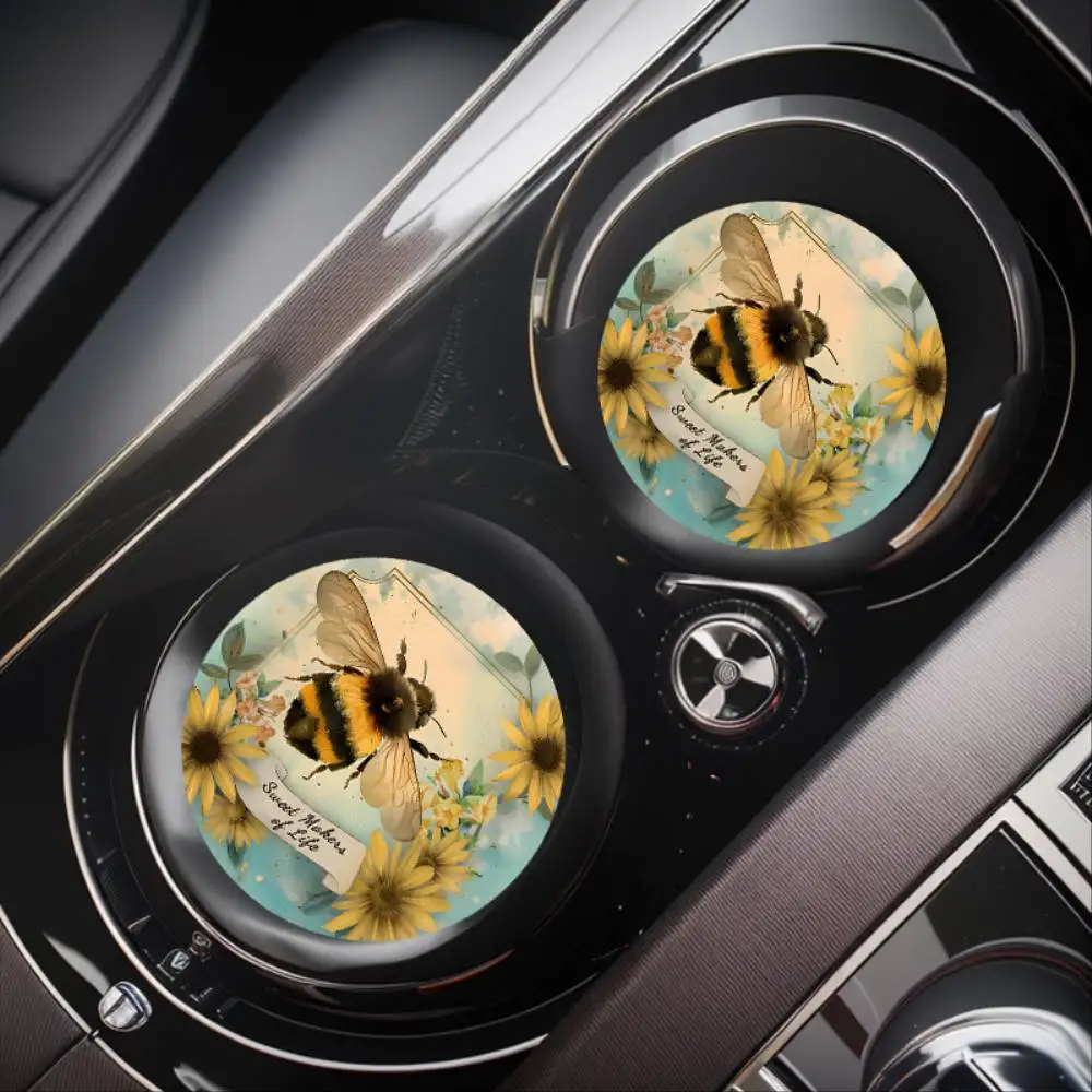 Watercolor Honey Bee Absorbent Car Coasters Non-Slip Rubber Auto Cup Holder Pads Decorative Vehicle Accessories