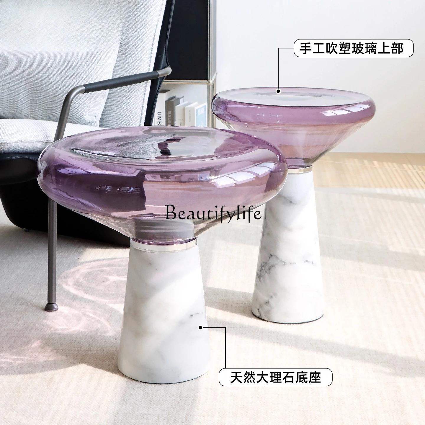 طاولة حافة أريكة رخامية بسيطة وحديثة، طاولة قهوة صغيرة زجاجية قابلة للإزالة