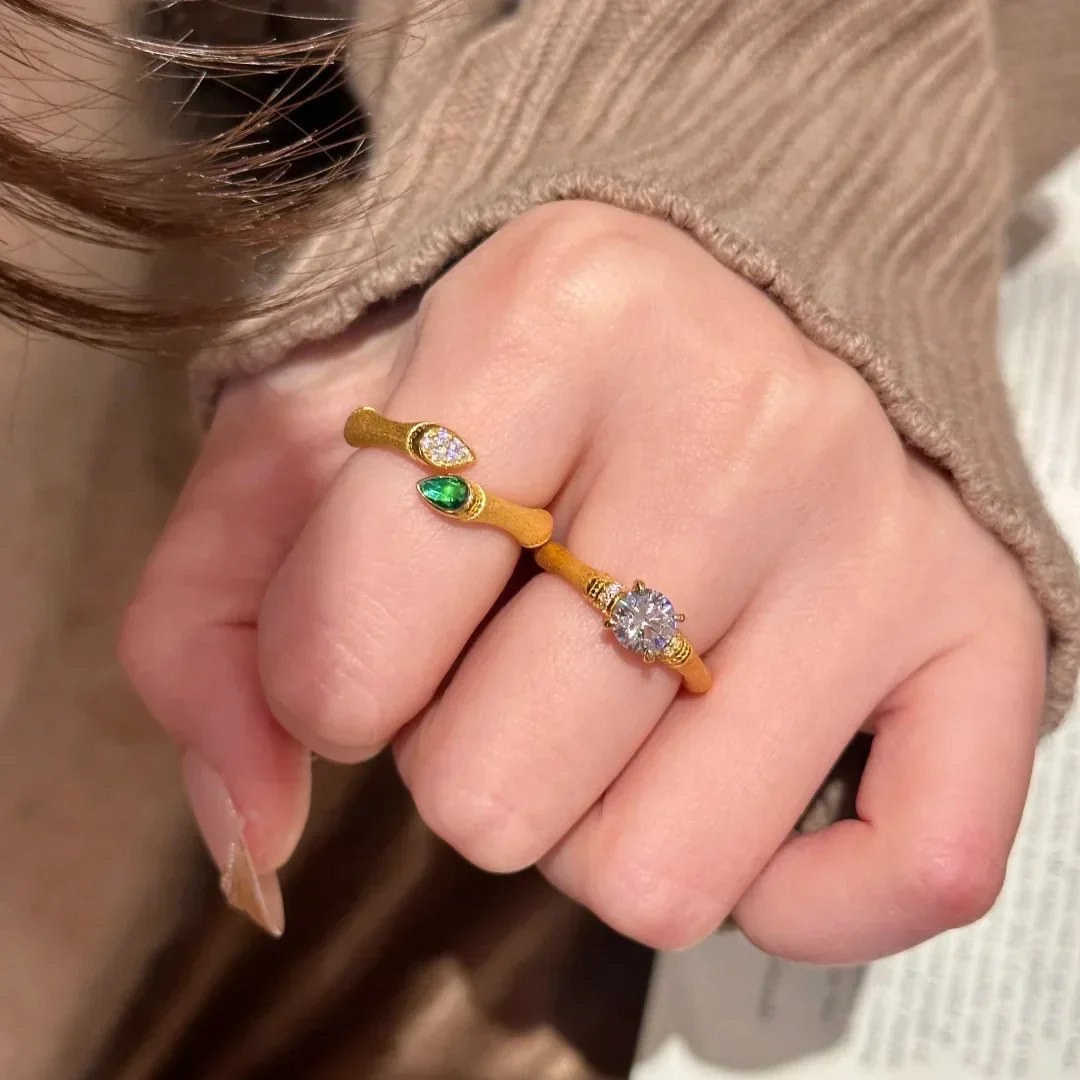 Premium vintage Matte Exquisite inlay Ruby rings for women Charms Water Drop Round Diamond Bamboo Knot Ring Fashion Jewelry Gift
