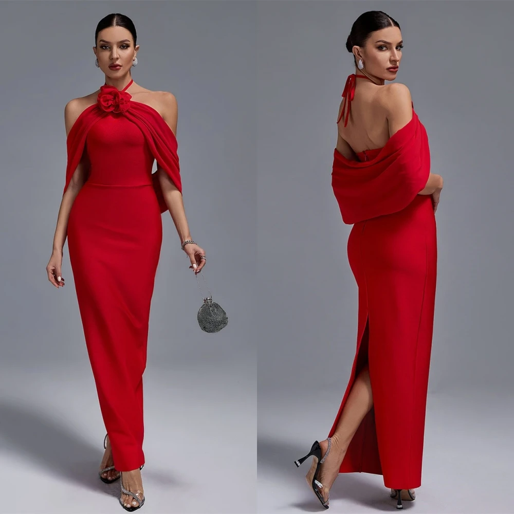 Robe de soirée en Satin rouge, personnalisée, exquise, épaules dénudées, sans manches, robes de célébrité, mode fête de mariée