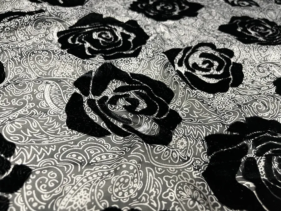 Designer Cloth Silk Velvet Clothing Fabric Black White Pattern Silk Bottom Mysterious Black Rose Velvet Fabric Top