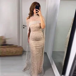 Flavinke Customized Pearls Dubai Evening Graduation Dresses with Cape Mermaid Long Formal Prom Wedding Party Gowns for Women