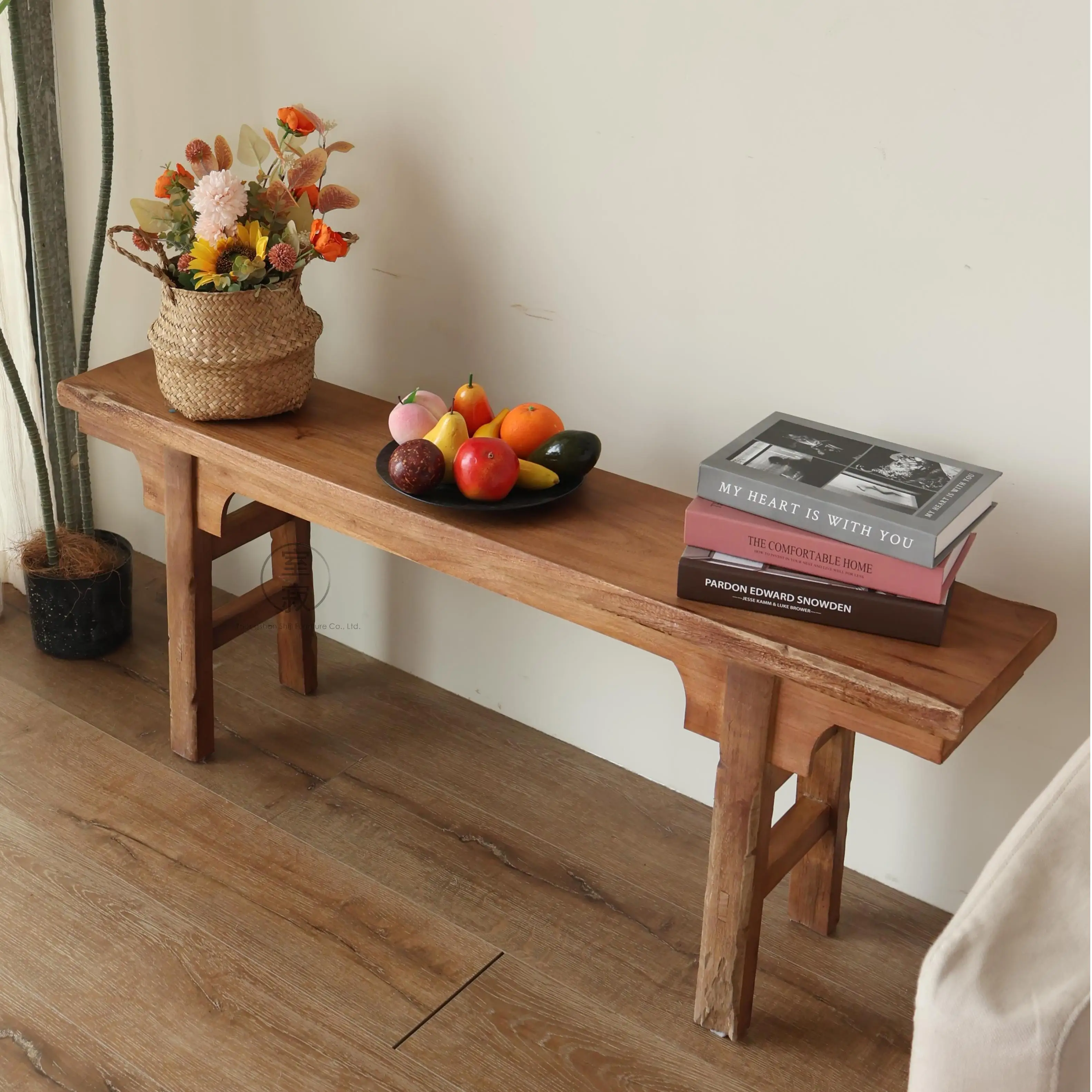 @3 # Wabi-sabi Solid Wood Long Bench & Side Table Chinese Style Zen Aesthetic Wooden Retro Home Decor Furniture