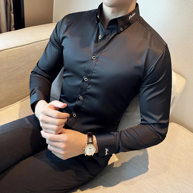 Camisas bordadas con escote coreano para hombre, camisas informales ajustadas de manga larga para negocios, Tops formales para oficina y fiesta