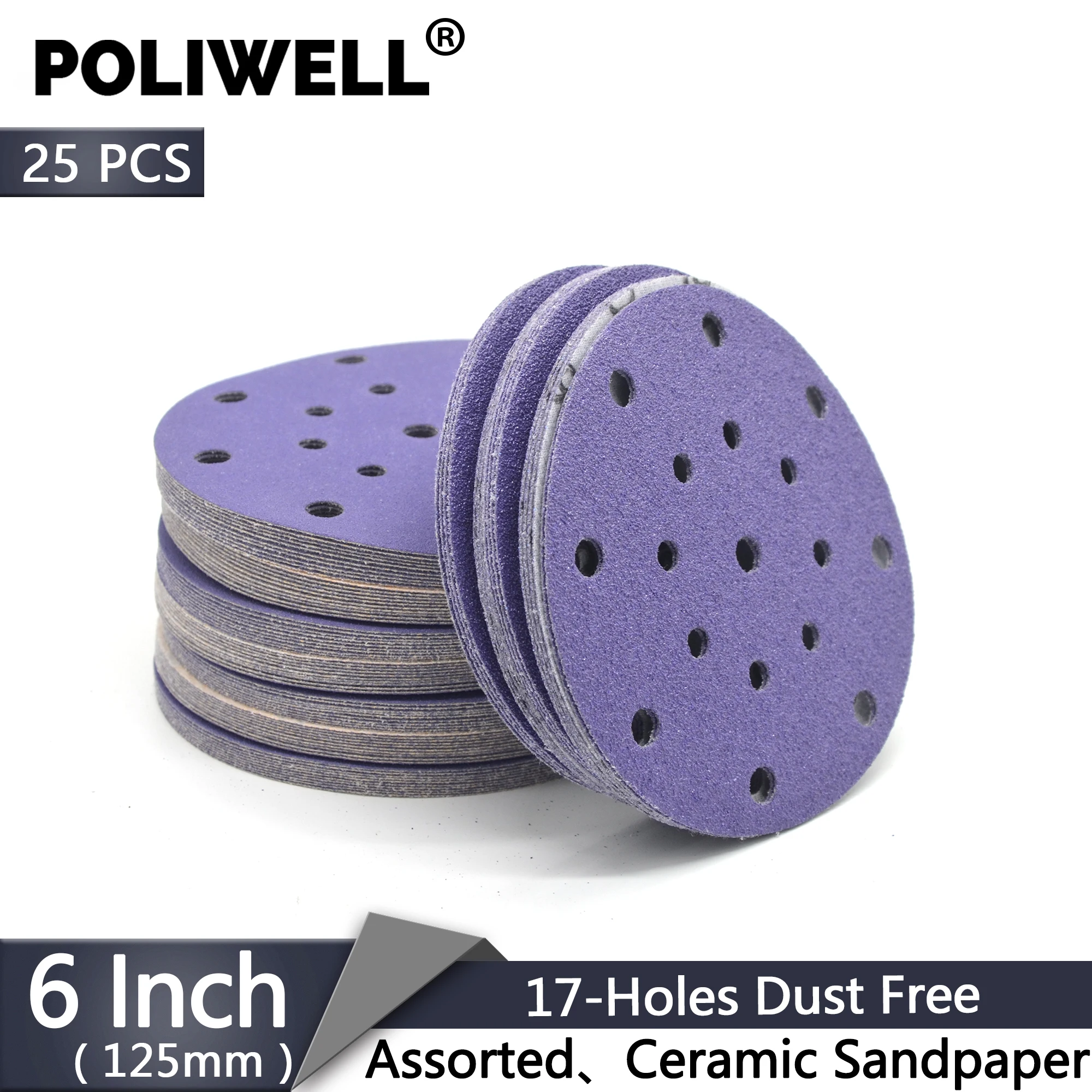 Hook and Loop Film Sanding Discs Purple Ceramic Assorted Grits wet dry Sandpaper 25PCS 6 Inch 150mm 17 Holes  for Wood & Metal