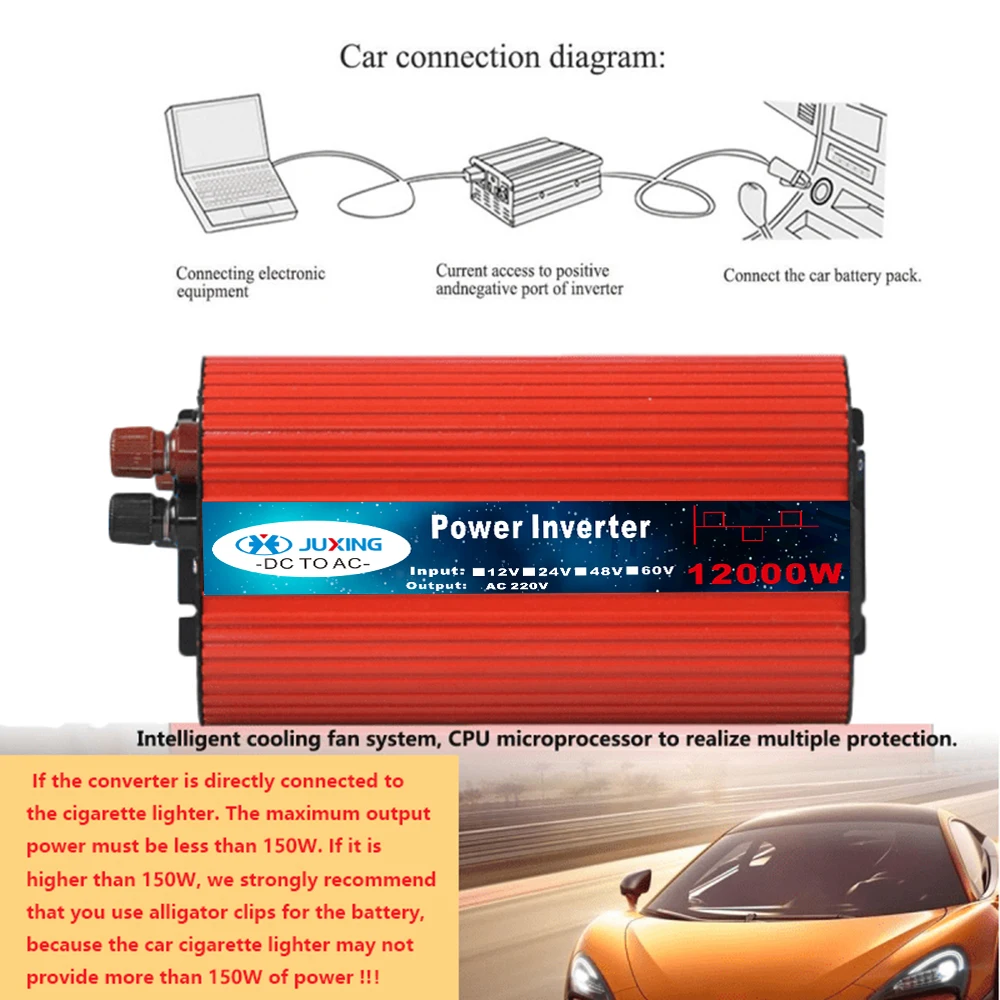 JUXING 12000W/10000W/8000W/6000W Car Power Inverter DC 12V To AC 220V, With Dual USB Ports And Universal Socket