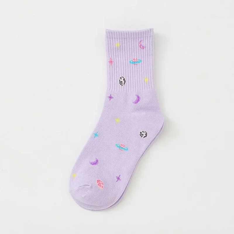 Calcetines informales Kawaii de algodón para mujer, medias con estampado de dibujos animados, Planeta y Luna, versión coreana