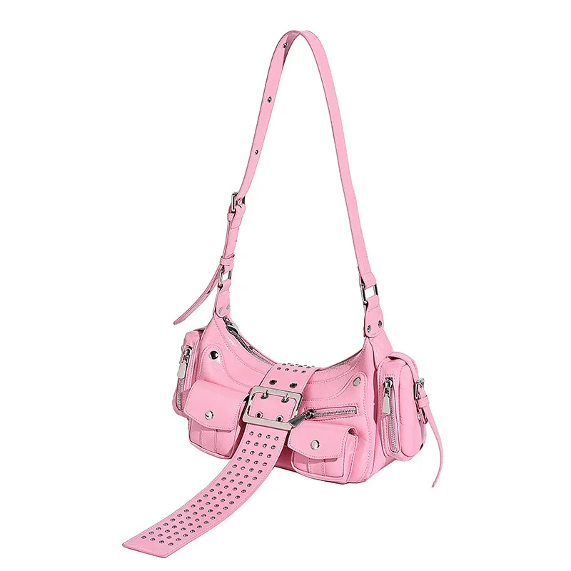 Edgy Punk Studded Rivet Shoulder Bag Y2K Grunge Motorcycle Underarm Purse Belt Buckle Handbag for Women Girls