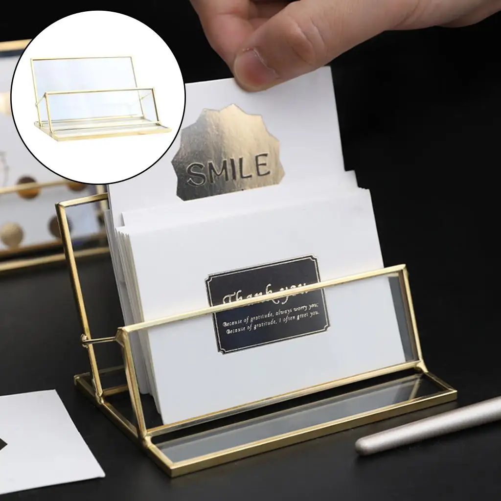 Stylish Business Card Holder Glass Box Organizer Gold Metal Frame Storage Container for Women Men Desk