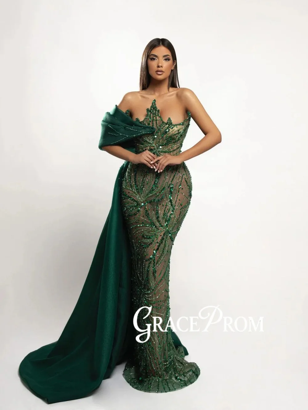 

Green Luxury Beaded Evening Dress With Side Train Modern One Shoulder Wedding Party Gown Customized Mermaid Red Carpet Gowns