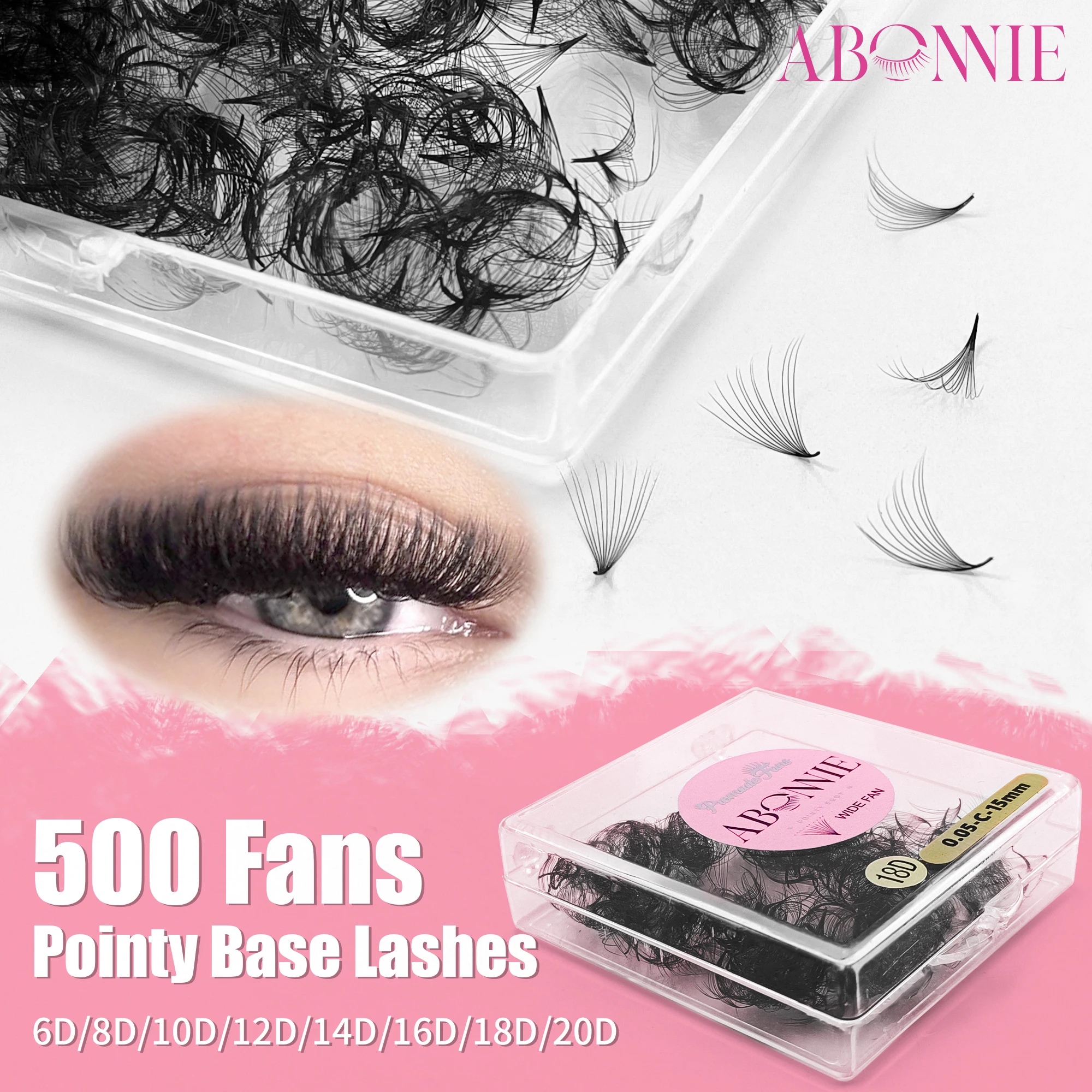 ABONNIE Wide Pre Made Fans 8D-20D 8-18mm Pointy Base Premade Volume Fans Medium Stem Sharp Thin Russian Volume Eyelash