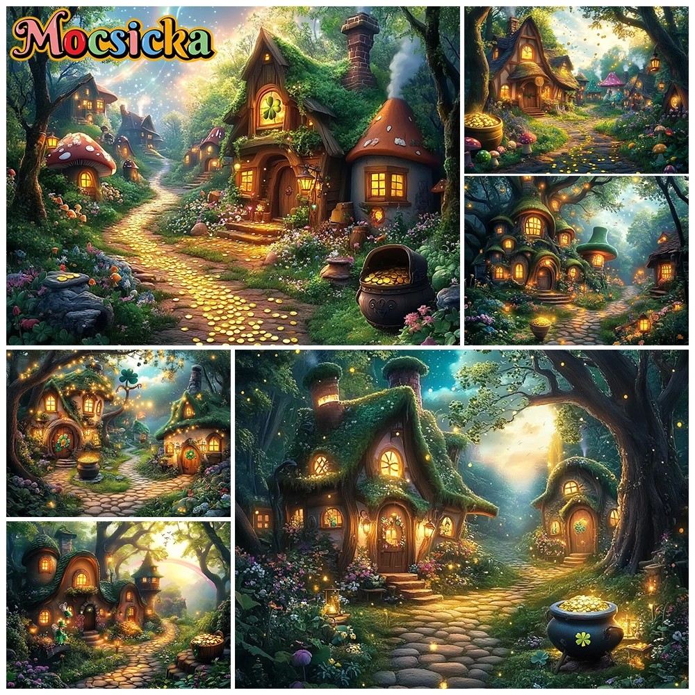 Mocsicka Forest Cabin Photo Backdrop Spring Natural Scenery Gold Coin Pattern Photography Background Decoration Studio Wallpaper