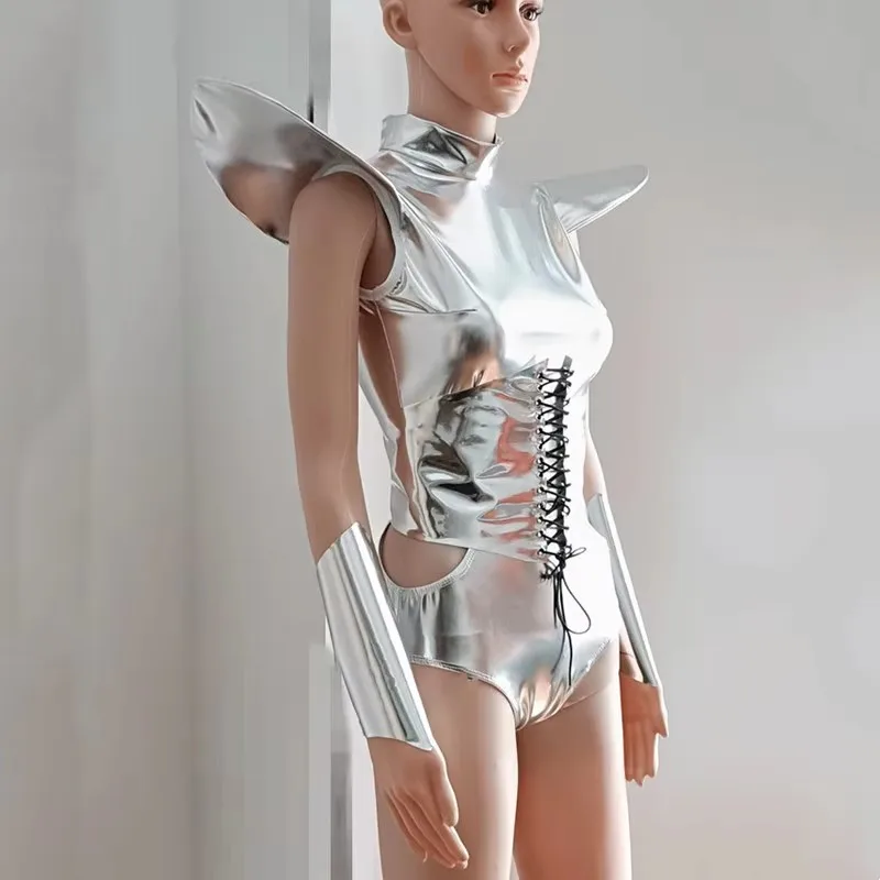 Moda argento laser spalla mosca body discoteca polsino bar gogo ballerino squadra performance festival costume cosplay con